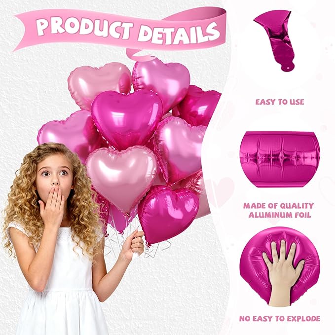 Pastel Pink Heart Balloons, 10 Pcs Hot Pink Heart Shaped Balloon, 18 Inch Light Pink Rose Red Foil Balloons Helium for Girls Women Princess Brithday Bridal Baby Shower Valentines Party Decorations