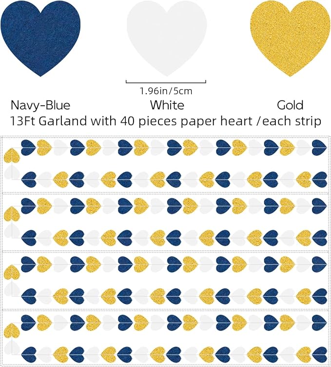 Navy-Blue White Gold Party Decorations - 52ft Paper Heart Garland Men Birthday Banner Graduation Decoration Wedding Streamers Bridal Boy Baby Shower Hanging Decor HongTongTong