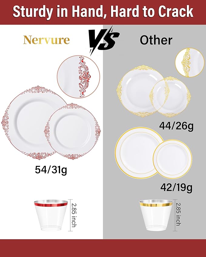 Nervure 350PCS Red Plastic Plates - White Red Plastic Dinnerware Set for 50 Guests - 100 Red Disposable Plates, 50 Pre Rolled Cutlery Set, 50 Cups Perfect for Wedding, Party & Christmas