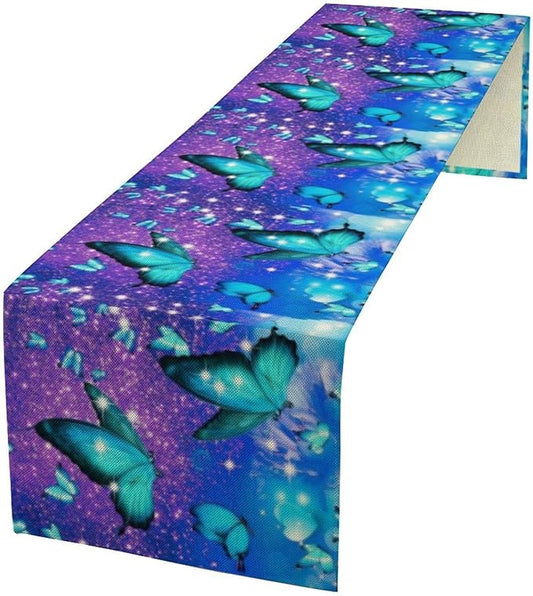 Floral Butterfly Spring Table Runner, Blue Flowers Seasonal Kitchen Dining Table Decoration for Home Party Decor 13x70 Inch