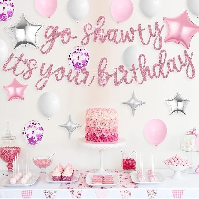 Pink Go Shawty It's Your Birthday Banner Balloons Set, Glitter Happy Birthday Banner with Pink White Confetti Balloon Silver Star Foil Balloon for Women Hip Hop Rap Theme Birthday Party Decorations