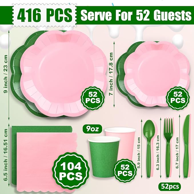 416 Pcs Pink And Green Party Supplies - For 52 Guests Paper Plates And Napkins Knives Spoons Forks Cups - Disposable Big Scalloped Dinner Party Set Cutlery - For Baby Shower Bridal Shower Wedding