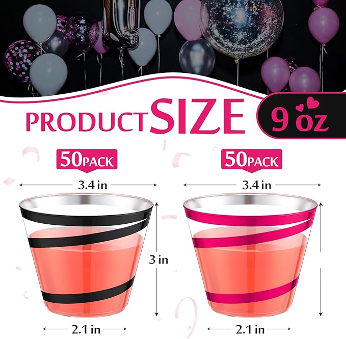 Gejoy 9 oz Rimmed Swirl Plastic Cups Disposable Wine Drinking Cups Clear Elegant Halloween Tumblers for Christmas Party Supplies(Hot Pink, Black,100 Pcs)