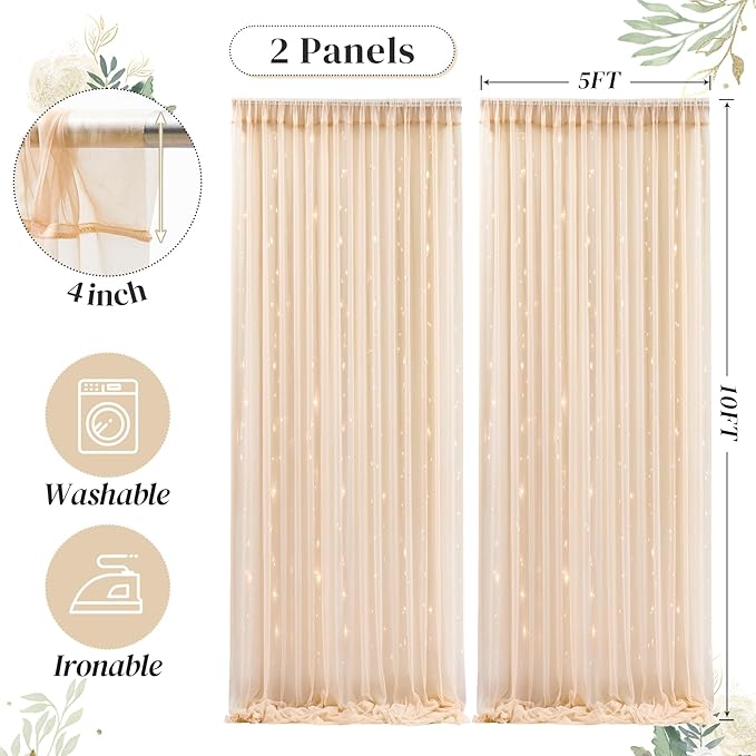 10ft x 10ft Champagne Backdrop Curtain with Lights String for Parties, Sheer Wedding Photo Backdrops Drapes for Baby Shower Birthday Party Decorations Background for Photography
