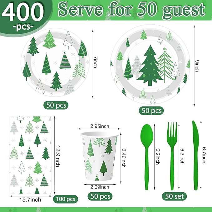 Pickmesh 400 Pcs Christmas Party Supplies Green Silver Xmas Tree Snowflake Disposable Paper Plates Napkins Cups Cutlery for Winter Xmas Christmas Birthday Party Table Decorations Serve 50