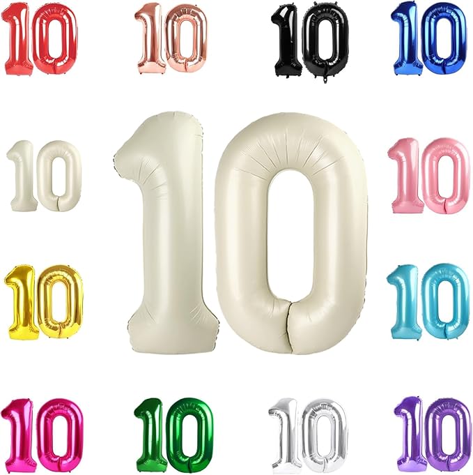10 Balloon Number, Cream Number 10th Birthday Balloons 40 Inch, 10 Years Old Cream Birthday Decorations for Boys Girls, 10th Anniversary Decorations