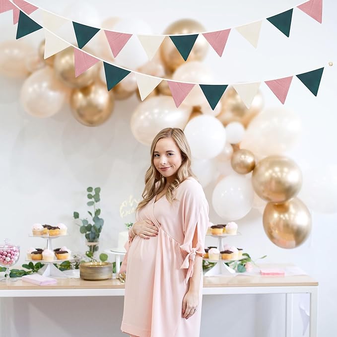 2 Sets of Dusty Pink Green Beige Pennant Banner 24Pcs Flags Nursery Garland Linen Fabric Triangle Bunting Streamers for Kids Girls Birthday Boho Baby Shower Wedding Party Decorations Baby Room Decor