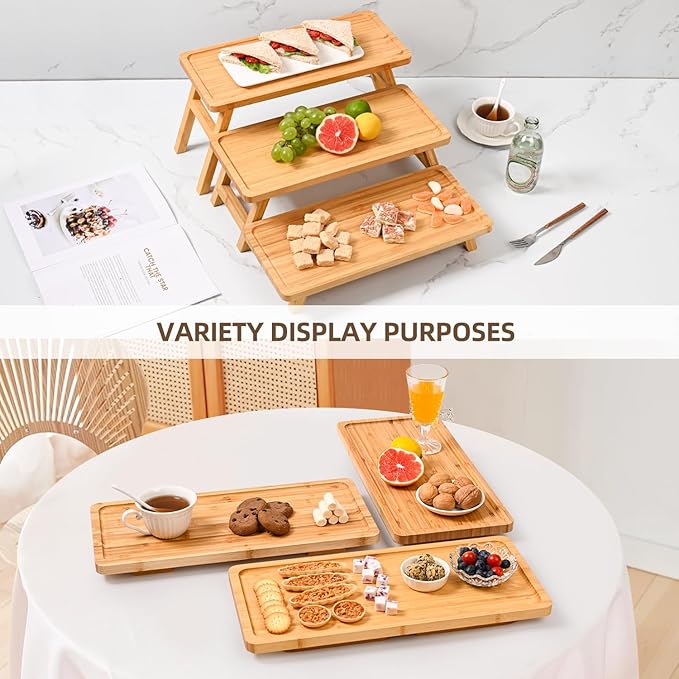 GEHE Natural Bamboo Cupcake Stand, Foldable 3 Tier Cupcake Display Stand Tower, Dessert Table Serving Tray for Birthday/Wedding/Christmas/Party, Charcuterie Boards