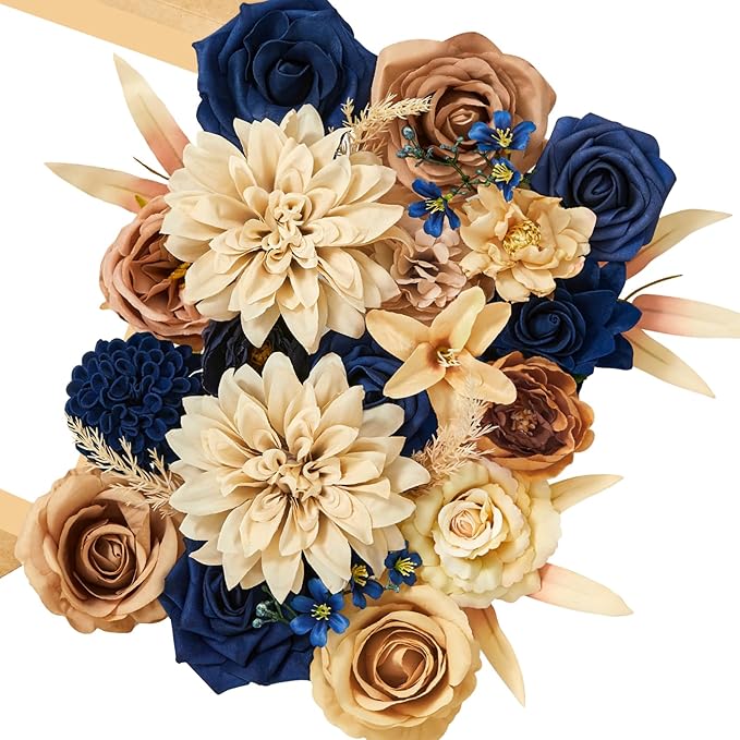 Serwalin Artificial Khaki Brown & Blue Flowers, Silk Fake Flowers for DIY Wedding Bouquets Cake Flower,Table Centerpieces Baby Shower Birthday Party Home Decorations