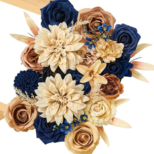 Serwalin Artificial Khaki Brown & Blue Flowers, Silk Fake Flowers for DIY Wedding Bouquets Cake Flower,Table Centerpieces Baby Shower Birthday Party Home Decorations