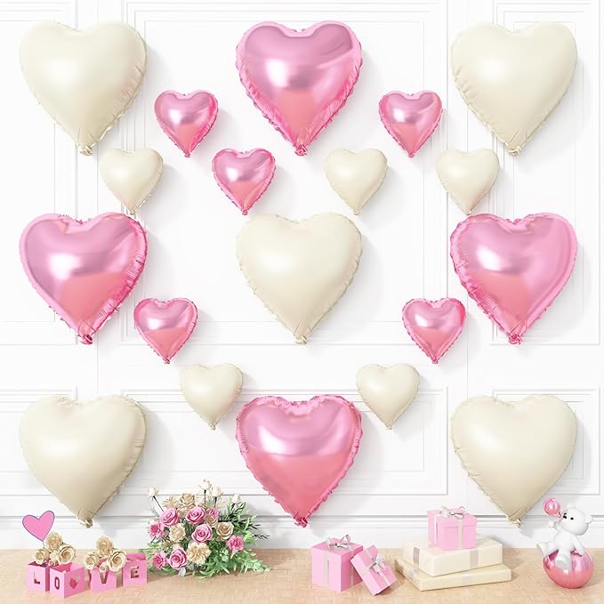 Pink White Heart Balloons, 19PCS Nude White and Pink Heart Shape Balloon, 18Inch with 10Inch Sand Helium Foil Love Balloon for Birthday Baby Shower Bridal Wedding Party Decorations
