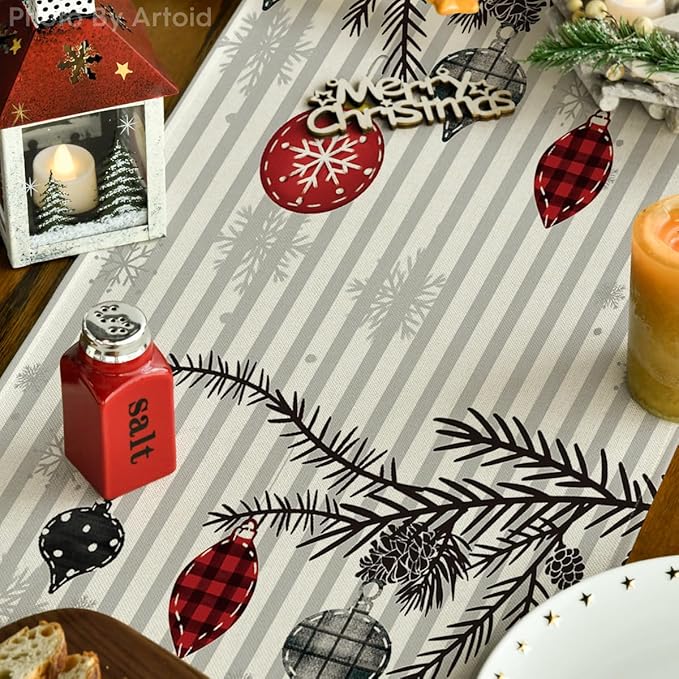 Artoid Mode Xmas Trees Snowflakes Stripes Merry Christmas Table Runner, Seasonal Winter Holiday Kitchen Dining Table Decoration for Home Party Decor 13x36 Inch