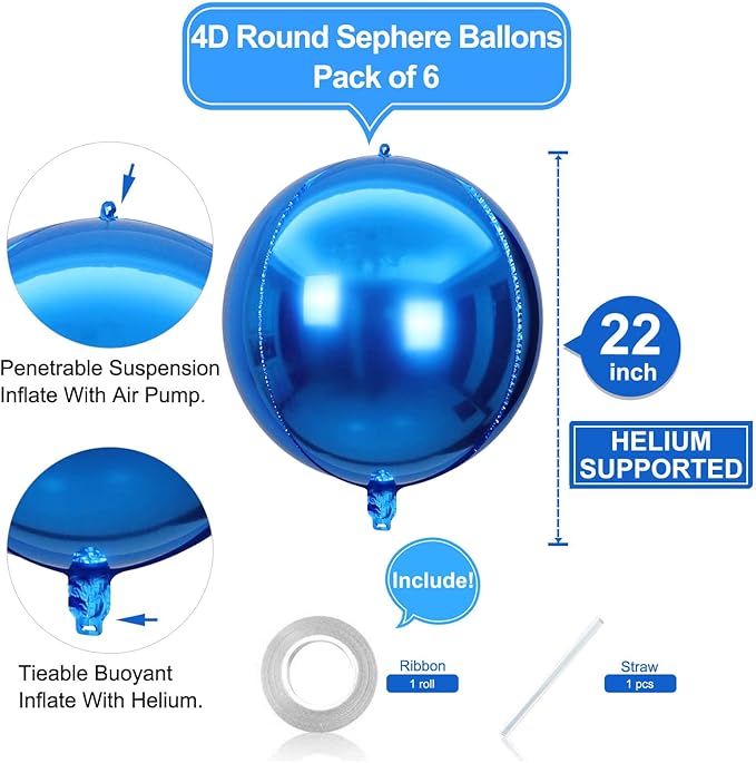 LHOAVWE 6 Pack Blue 22 Inch 4D Big Round Foil Balloons for Wedding, Birthday, Bridal Shower, Baby Shower Decorations