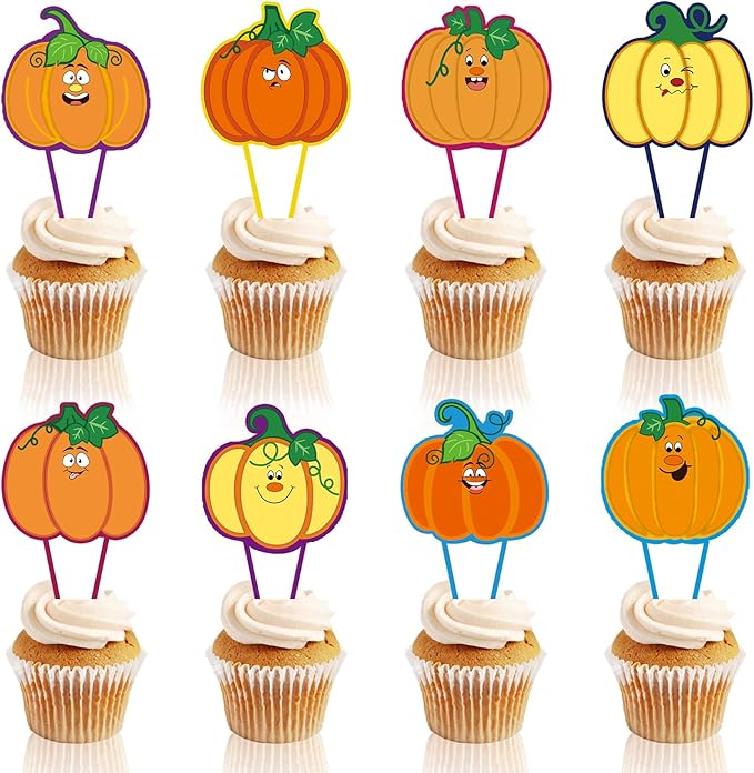 24 Pieces Thanksgiving Pumpkin Happy Birthday Cupcake Toppers Autumn Pumpkin Thanksgiving Party Decorations Cake Toppers Cupcake Toppers Party Supplies Decorations for Baby Shower Boys Girls