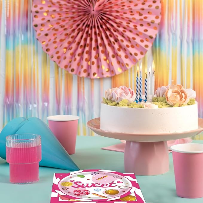 40 Pcs CandyLand Party Decorations Sweet Candy Theme Birthday Party Decorations Disposable Dessert Candy Tableware Paper Plates Napkins for Birthday Baby Shower Sweet Shop Decor