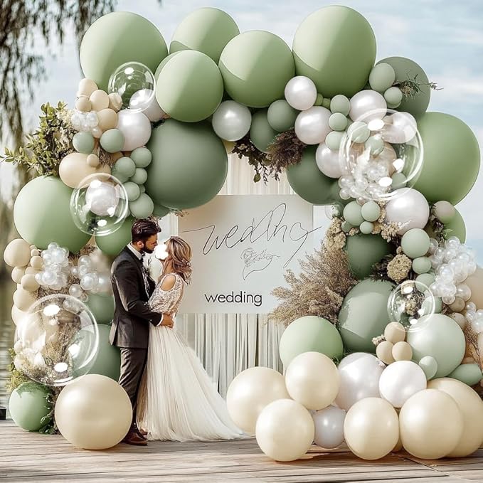 Dusty Green White Balloon Arch Double Stuffed Light Sage Green White Sand Pearl Balloon Garland Kit Olive Beige Cream Balloons for Baby Shower Birthday Bridal Wedding Woodland Wild One Party Decor