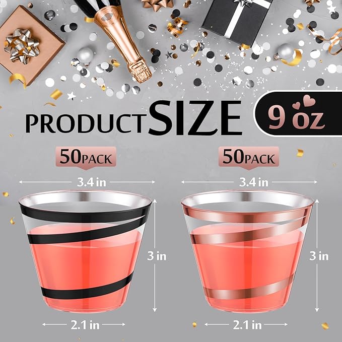 Gejoy 9 oz Rimmed Swirl Plastic Cups Disposable Wine Drinking Cups Clear Elegant Halloween Tumblers for Christmas Party Supplies(Rose Gold, Black,100 Pcs)