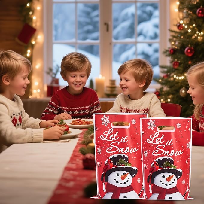 Ahysuet 50Pcs Christmas Goodie Bag, Xmas Party Favors Gift Bags with Handles for Holiday Party Favors Christmas Theme Candy Treat Cookie Bags