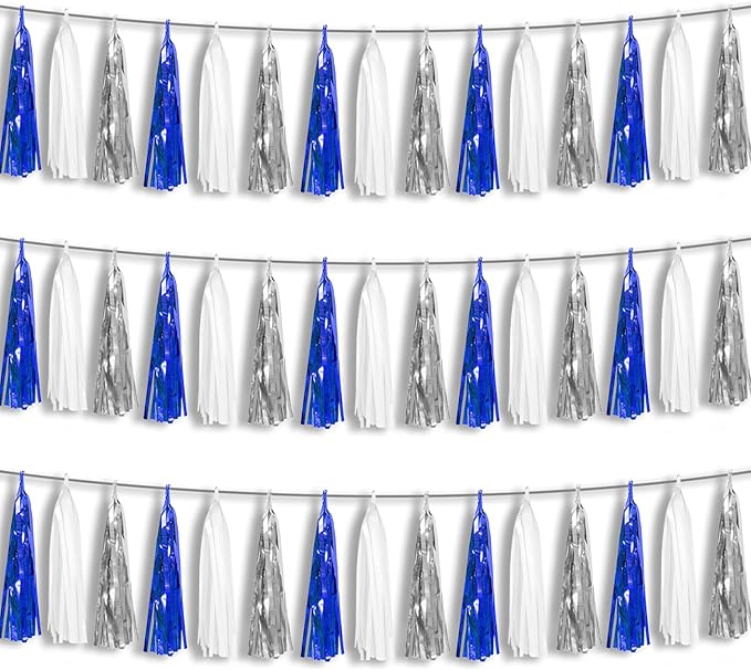 3P Navy-Blue White-Silver Tassel Garland Banner, Tassels Banner Streamers for Parade Floats, Bachelorette, Wedding, Birthday, Halloween, Christmas, Bridal/Baby Shower Party Decorations