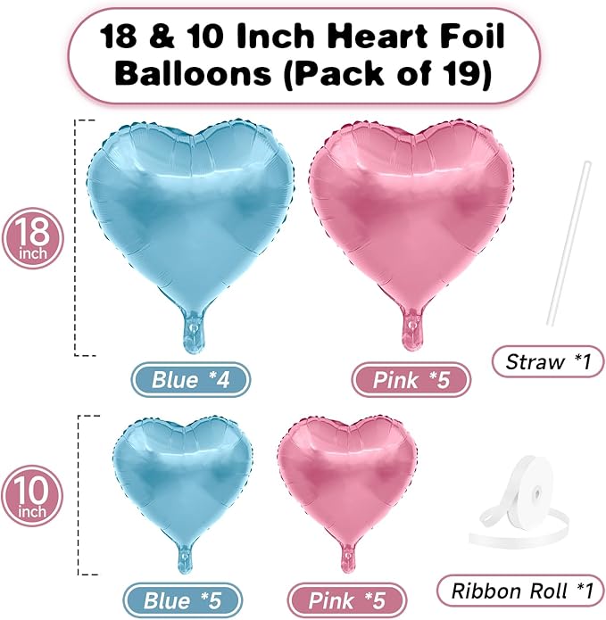 Pink Blue Heart Balloons, 19PCS Pink and Blue Heart Shape Balloons, 18Inch with 10Inch Pastel Blue Pink Helium Foil Balloon Love Balloon for Birthday Baby Shower Party Decorations