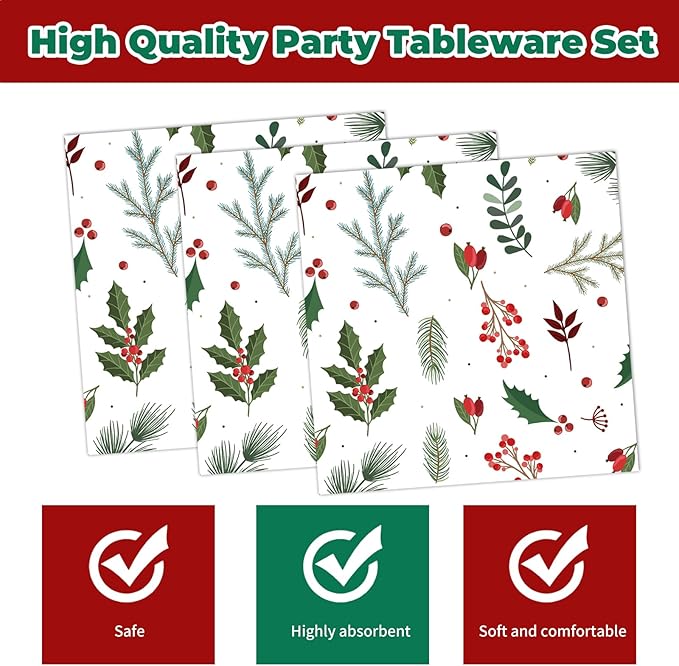 40 Pcs Christmas Plates and Napkins Party Supplies, Disposable Seasonal Holly Paper Plates Napkins Tableware Set for Winter Theme Birthday Holiday Party Decorations Serves 20