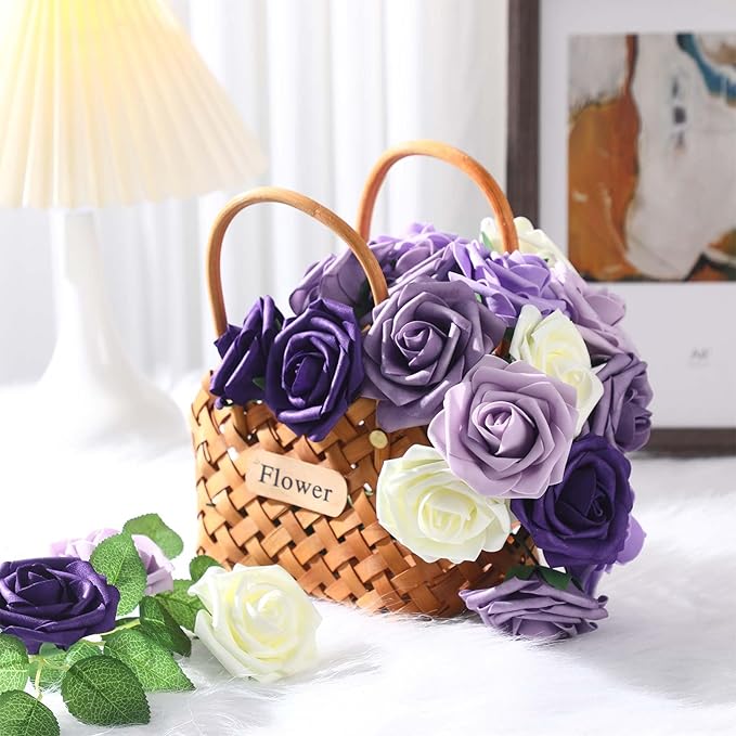 100 Pieces Artificial Foam Rose Flowers Faux Bouquet with Leaves and Stems for DIY Wedding Bouquets Centerpieces Bridal Shower Party Valentine Home Decorations(Shades of Lavender)