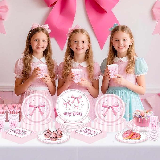 REDWORD Pink Bow Birthday Decorations, 120Pcs Bow Party Tableware Plates Napkins Cups for Pink Birthday Girls Bachelorette Party Decorations-Serves 24