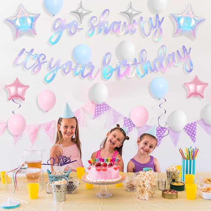 Iridescent Go Shawty It's Your Birthday Banner Balloons Set, Glitter Happy Birthday Banner with Pink Blue White Balloon Star Foil Balloon for Girls Women Hip Hop Rap Theme Birthday Party Decorations