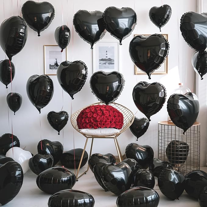 Black Heart Balloons, 19PCS Black Heart Shape Balloons, 18Inch with 10Inch Helium Foil Balloon Love Balloon for Birthday Baby Shower Wedding Valentines Halloween Party Decorations