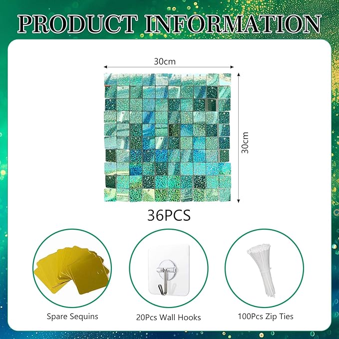 36 PCS Light Green Shimmer Wall Backdrop, Laser Square Sequin Photo Backdrops Panel, Glitter Wall Background for Birthdays, Weddings, Engagements, Jungle Hawaiian Party Decoration (6x6FT)