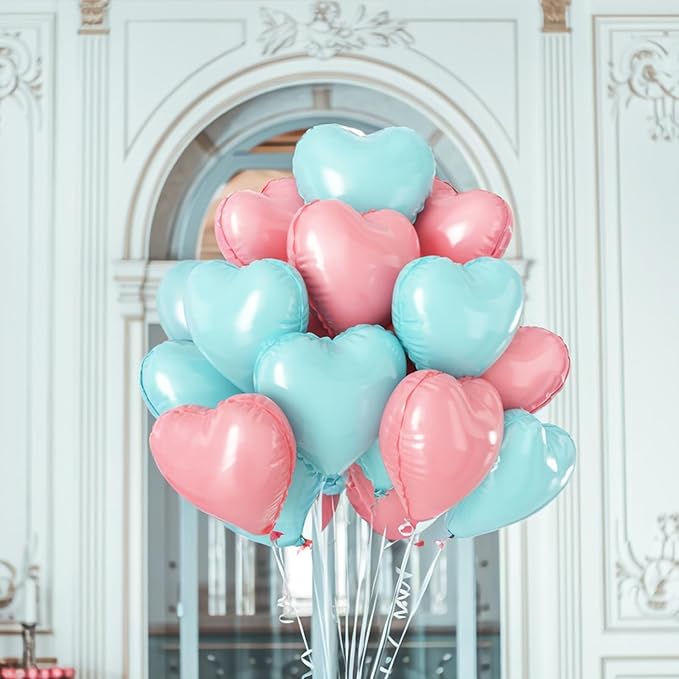 Pink Blue Balloons,12Pcs 18 Inch Macaron Foil Love Heart Shaped Balloons for Boy Girl Gender Reveal Bridal Engagement Wedding Anniversary Birthday Party Graduation Valentines Day Decorations