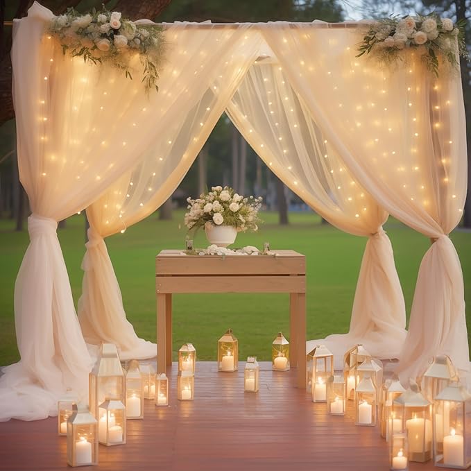 10ft x 10ft Champagne Backdrop Curtain with Lights String for Parties, Sheer Wedding Photo Backdrops Drapes for Baby Shower Birthday Party Decorations Background for Photography