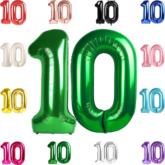 10 Balloon Number, Green Number 10th Birthday Balloons 40 Inch, 10 Years Old Green Birthday Decorations for Boys Girls, 10th Anniversary Decorations