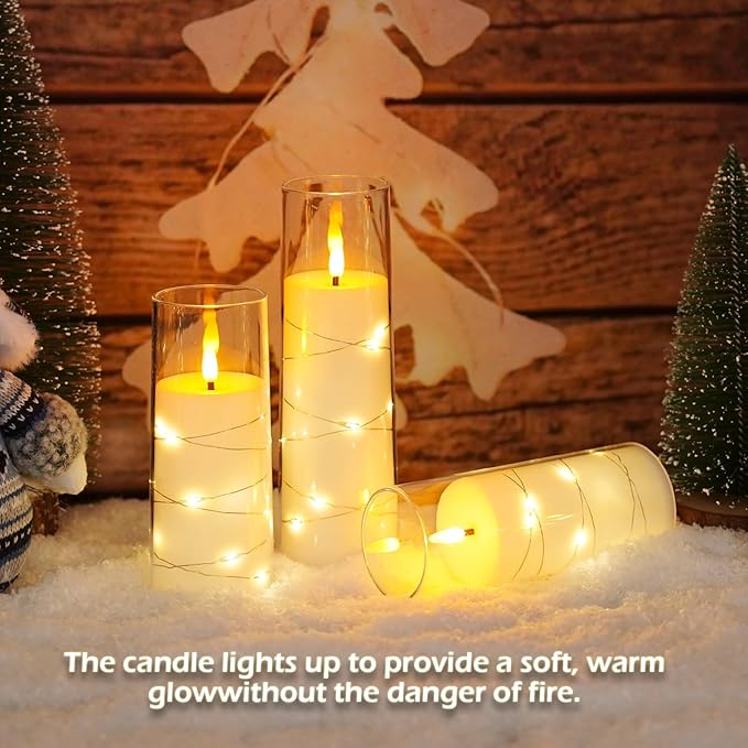Flameless Candles,with Embedded Star String, Battery Operated Candles Flickering LED Pillar Candles with Remote Control and Timer, Home Decoration Add a Warm and Romantic Atmosphere，Set of 7 (White)