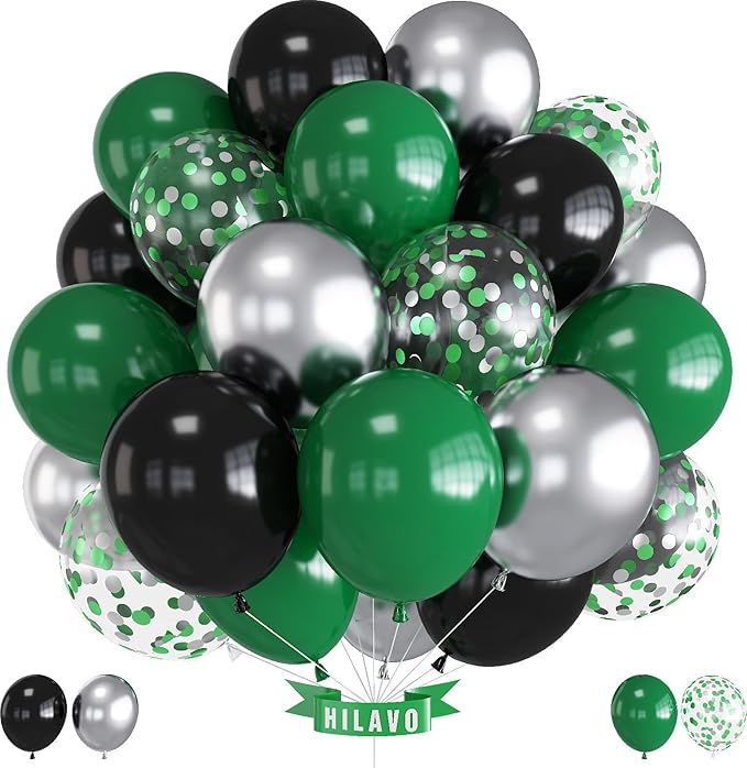 Green Black Balloons Dark Green Black Silver Confetti Balloons 35 Pcs 12 Inch Football Video Gamer Helium Latex Balloon for Boys Men Soccer Army Graduation Baby Shower Birthday Party Decorations