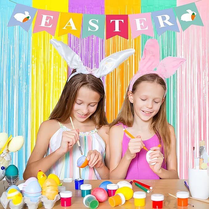 BRAVESHINE Tinsel Foil Fringe Curtains - 2Pcs 3.2x8.2ft Pastel Colourful Photo Backdrop for Christmas New Years Princess Birthdays Easter Bunny Bridal Shower Fairy Kids Candy Donuts Party Decorations