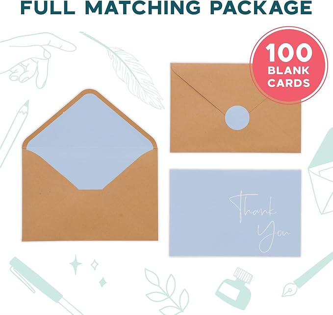 VNS Creations Thank You Cards With Envelopes Bulk Set & Stickers - 100 Pack 4x6 Blank Thank You Notes Bulk Box Set - Large Note Card Small Business, Wedding, Baby Shower & Bridal Shower - Light Blue