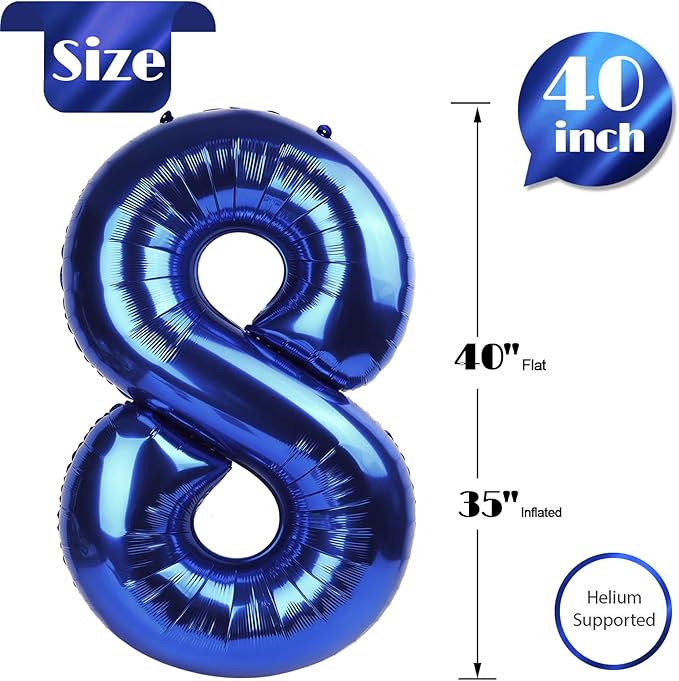 Night Blue Number 8 Balloon 40 Inch, 8th Birthday Party Decorations for Children, Giant 8 Foil Balloon for Party Supplies