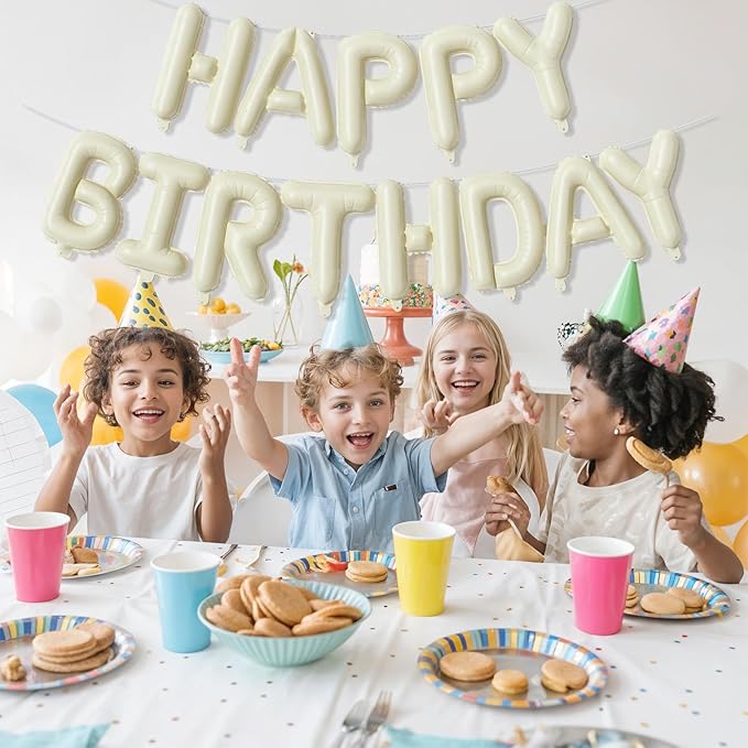 16 Inch Beige Happy Birthday Balloon Banner, Cream White Foil Happy Birthday Balloons Sign for Boys Girls Men Women Birthday Party Decorations Supplies