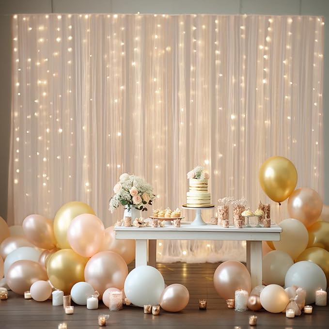 20ft x 10ft Champagne Backdrop Curtain with Lights String for Parties, Sheer Tulle Wedding Photo Backdrops Drapes for Baby Shower Birthday Party Decorations Background for Photography