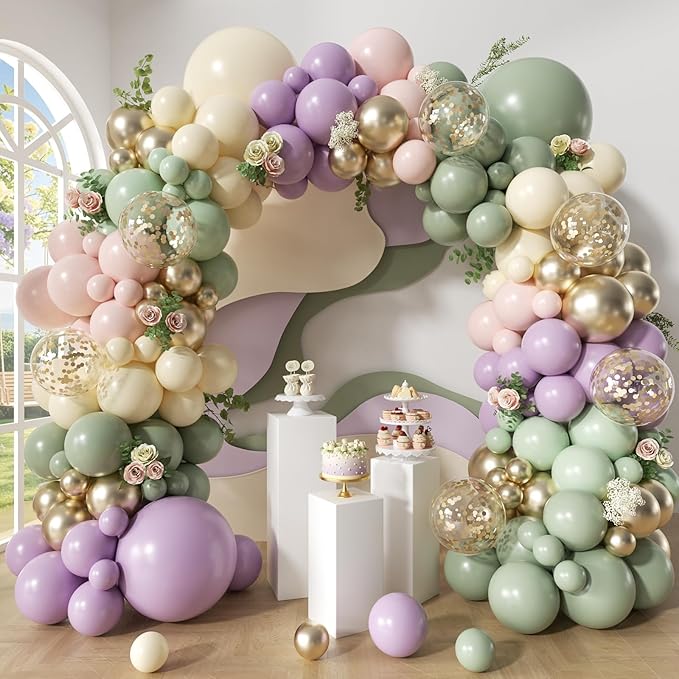 152Pcs Dusty Green Purple Pink Balloon Arch Garland Kit, Blush Pink Lavender Pastel Yellow Mist Green Gold Confetti Balloons for Baby Shower Wedding Engagement Birthday Party Decorations