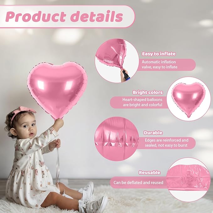 Hot Pink Heart Balloons, Heart Shaped Ballons, 20 Pcs 5/10/18 inch Pink Foil Love Balloons for Valentine's Day Decorations Wedding Engagement Bridal Showers Anniversary Celebrations