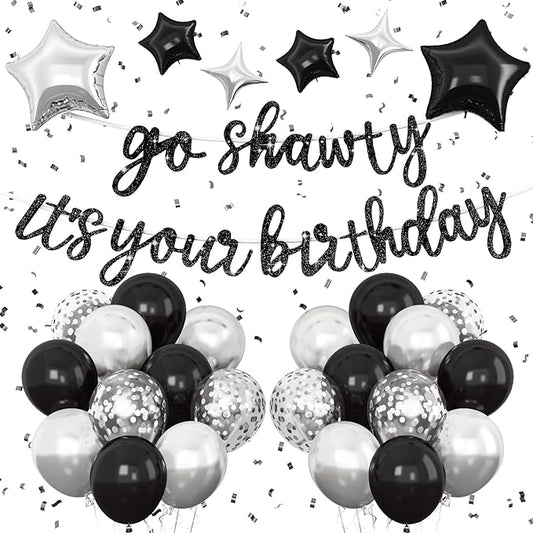 Black Go Shawty It's Your Birthday Banner Balloons Set, Glitter Happy Birthday Banner with Black Silver Confetti Balloon Star Foil Balloon for Man Women Hip Hop Rap Theme Birthday Party Decorations