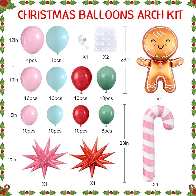 FunHot Pink Christmas Balloons Arch Kit, Xmas Pink Green Balloons Garland, Teal Blue Mint Green Latex Balloons Gingerbread Man Candy Cane Star Foil Balloon for New Year Christmas Party Decorations