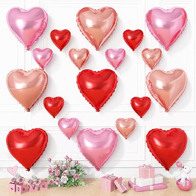 Rose Gold Pink Heart Balloons, 19PCS Red Pink Heart Shape Balloon, 18Inch with 10Inch Pink and Red Rose Gold Helium Foil Love Heart Balloon for Birthday Baby Shower Wedding Valentines Decorations