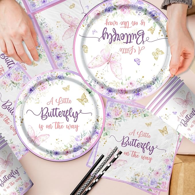 Butterfly Baby Shower Tableware Set Decoration,A Little Butterfly Is On Her Way Baby Shower Plates and Napkins Supplies Include Tablecloth Banner Cups for Purple Floral Butterfly Spring Theme for Girl