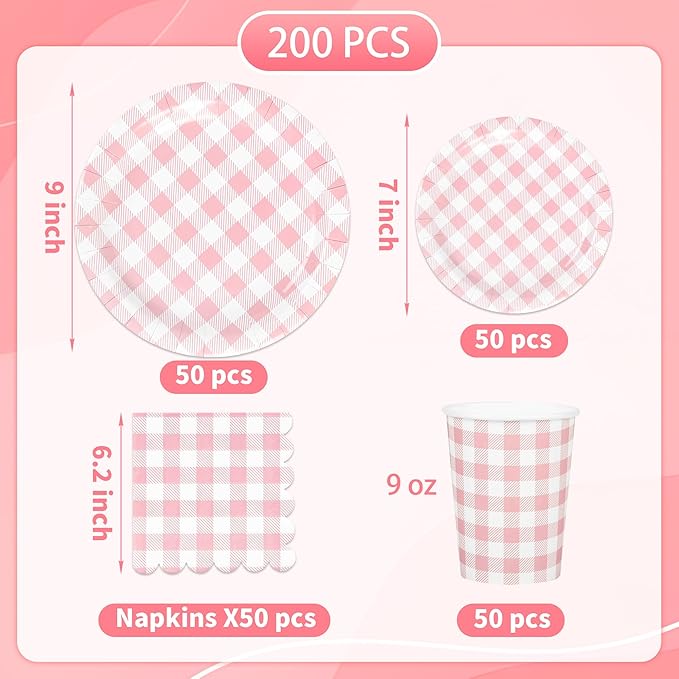 200Pcs Pink Gingham Party Supplies Pink Gingham Paper Plates and Napkins Cups Checkered Plates Disposable Pinks and White Plaid Decor for Birthday Family Picnic BBQ Party,Serves 50 Guests