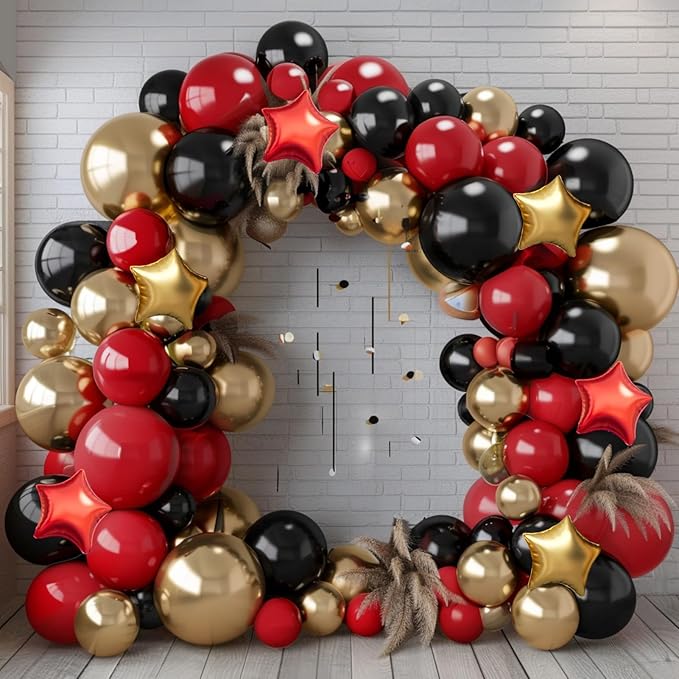 Red Gold Black Balloon Garland Arch Kit, 160Pcs Black Red Gold Latex Balloons with Star Foil Balloons for Anniversary Casino Night Hollywood New Years Movie Night Birthday Party Decorations