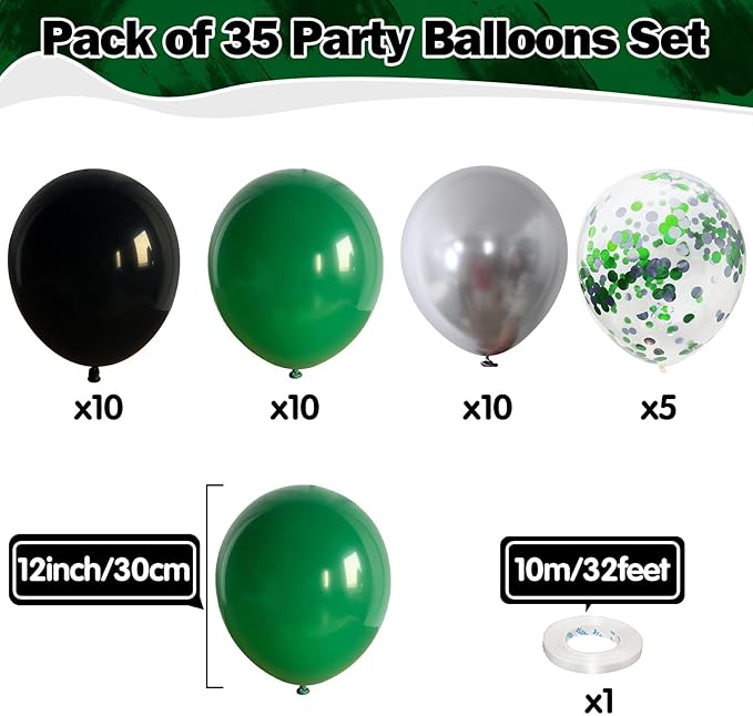 Green Black Balloons Dark Green Black Silver Confetti Balloons 35 Pcs 12 Inch Football Video Gamer Helium Latex Balloon for Boys Men Soccer Army Graduation Baby Shower Birthday Party Decorations