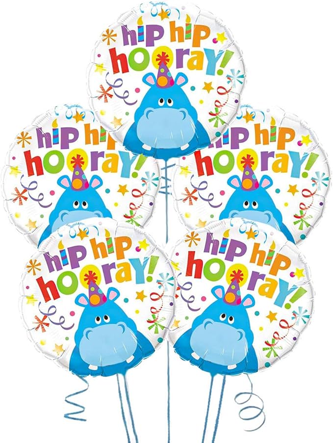 PMU Happy Birthday Hip Hip Hooray Hippo 18 Inch Mylar Foil Balloon Pkg/5